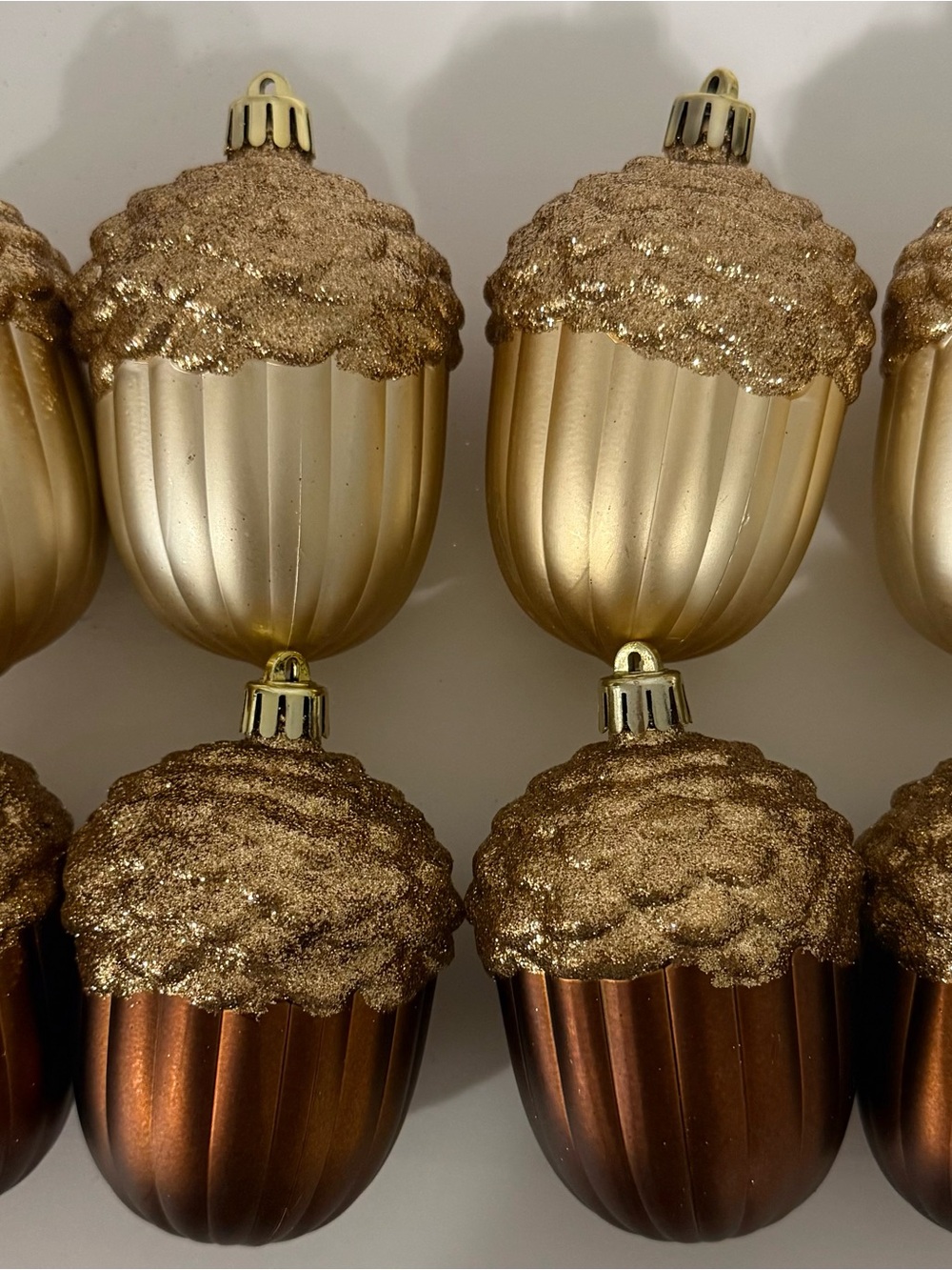 Set of 8 Holiday Living Champagne Gold & Copper Ribbed Glass Acorn Ornament Set